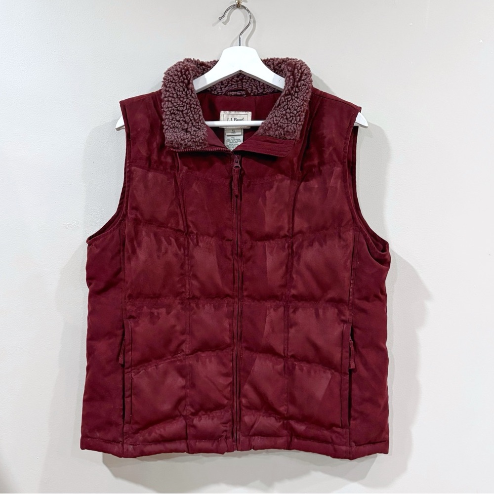 L.L.Bean Suede Down Puffer Vest Womens XL Burgundy Sherpa Collar Zip Gorpcore